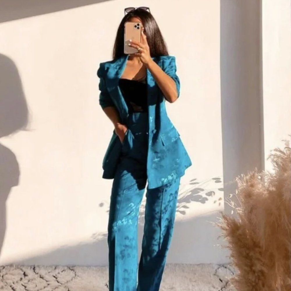 NWT Zara Double Breasted Textured Turquoise Blue Jacquard Blazer & Pants Set